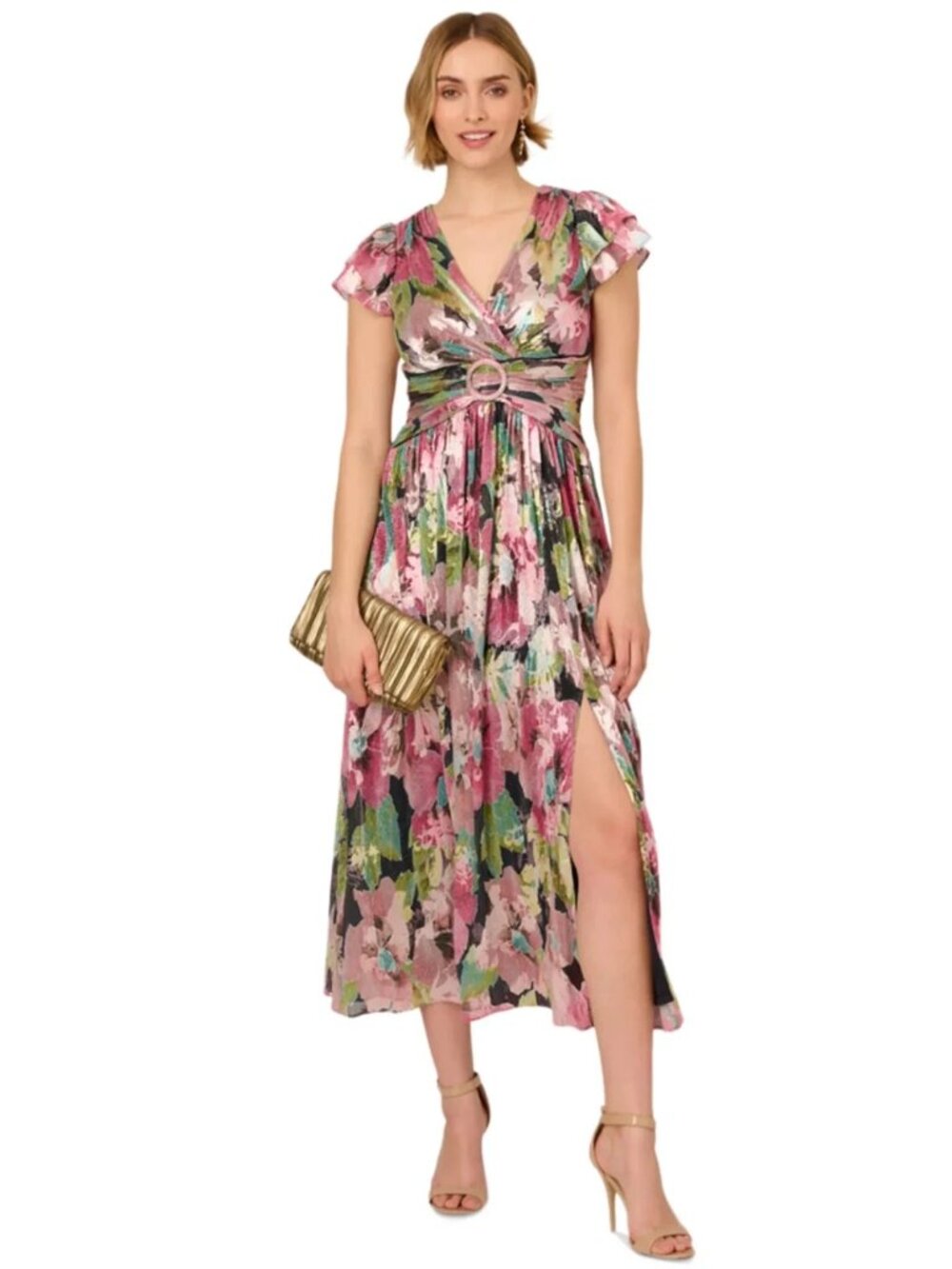 Adrianna Papell Floral Metallic Crinkle Ring Midi Dress